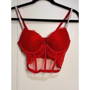 Victoria's Secret Corset Top Women 32C Red Very Sexy Rhinestone Lace Push Up Bra